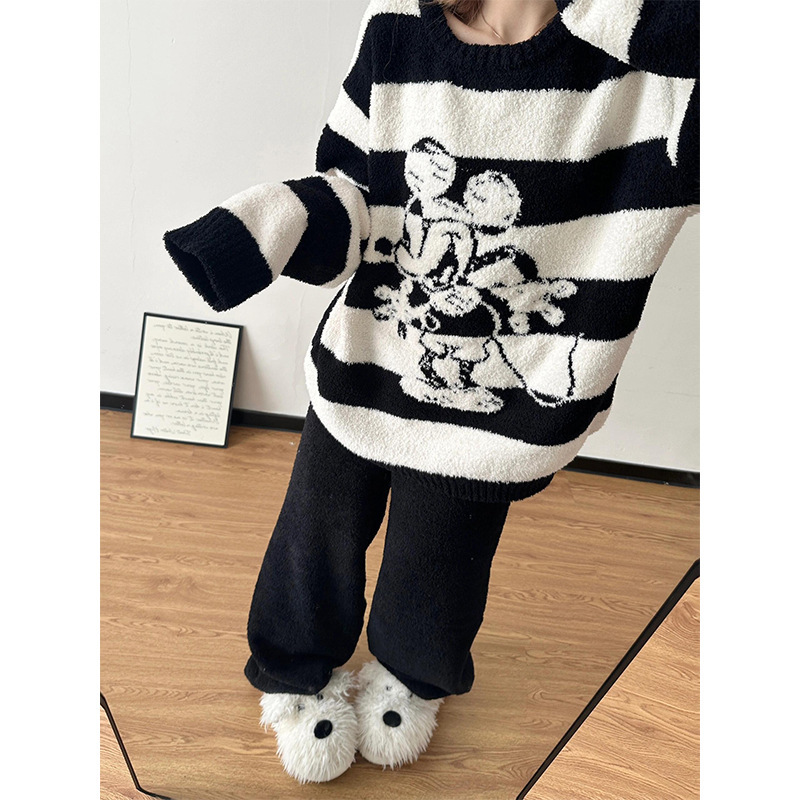 韩系可爱米奇半边绒睡衣女款冬季新款加厚条纹毛绒针织家居服套装|undefined