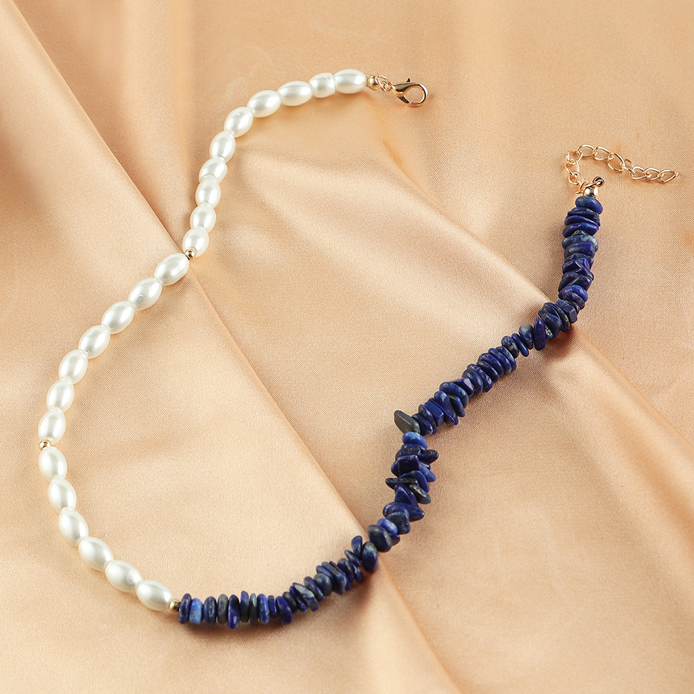 Bohemian style sapphire blue pearl necklace resin collarbone chainpicture2
