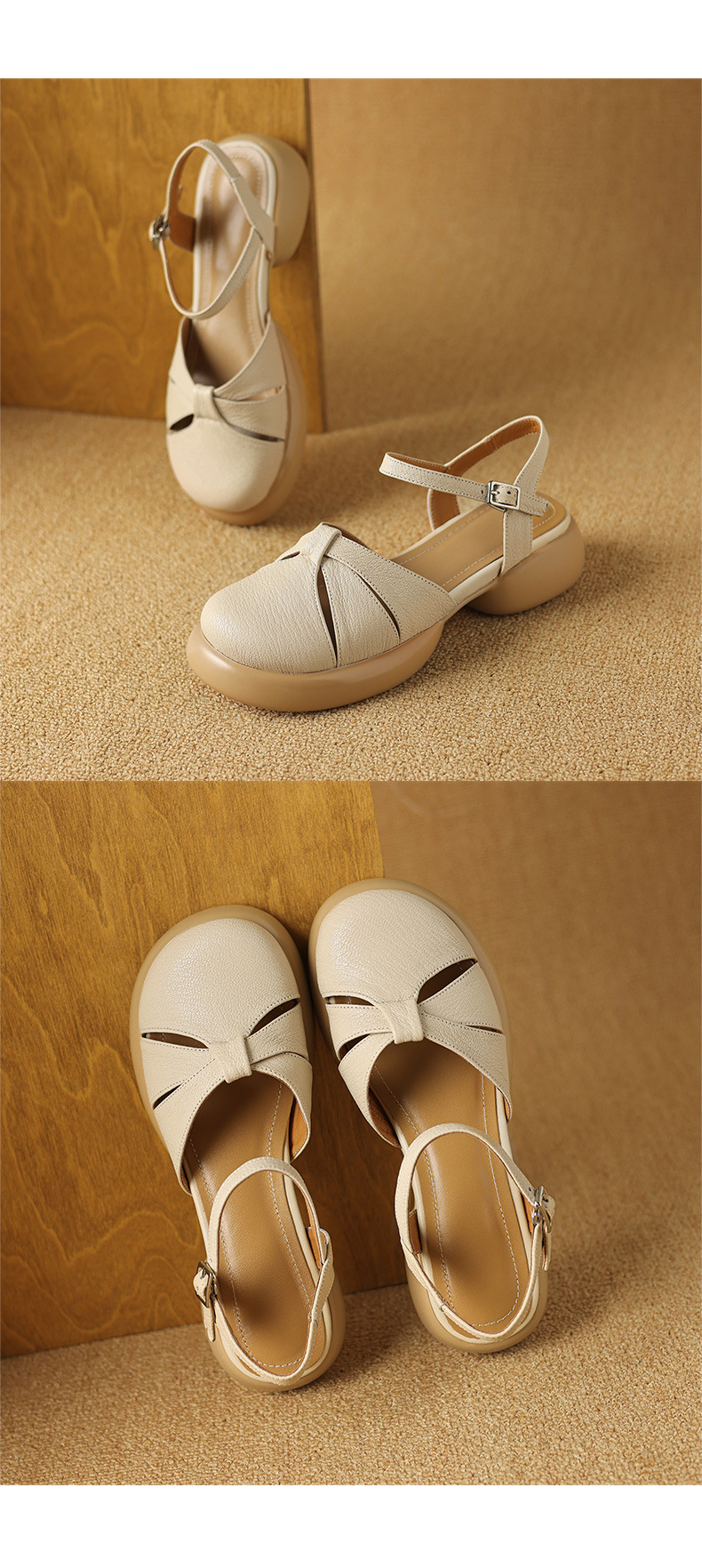 Sandal nữ bít mũi quai ngang da cừu đế dày — Màu trắng be chi tiết 13
