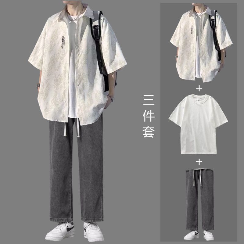 American Casual Short-Sleeved Shirt Men's Summer Suit Trendy Brand Youth Shirt with Jeans Set
