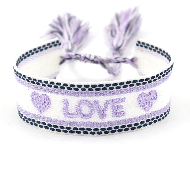 handmade woven bracelet, polyester, embroidered letters with tassels, adjustable (love)