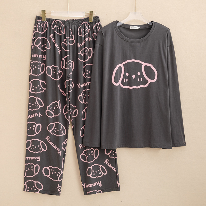 Carto bear plus size couple pajamas women 200kg knitted cotton spring and autumn long sleeve Korean casual men's home clothing suit