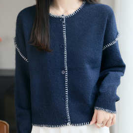 秋冬新款精纺羊毛圆领针织开衫长袖女拼色宽松设计感上衣春外套