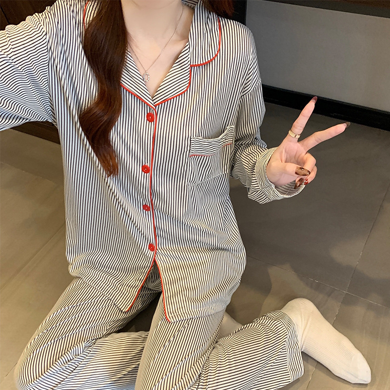 Korean Ins Style Casual Girls' Pajamas Long-Sleeved Spring and Autum Can Be Worn Outside Thin Stripes Fashionable Lazy Home Clothes
