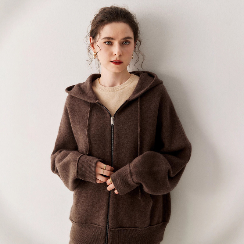Cashmere Cardigan Women's Hooded Hoodie Autumn and Winter New Sports Style Zipper Knitted Sweater Jacket Loose Large Version