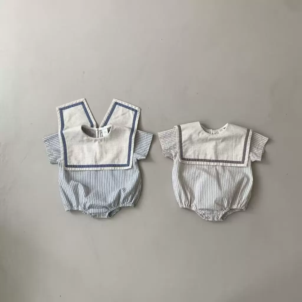 韩系ins夏款包屁短袖海军风翻领竖条纹哈衣婴幼童外出百搭柔软