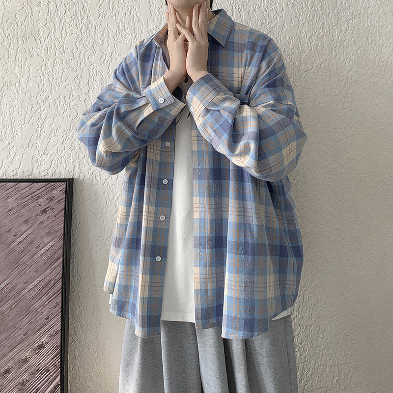 Sun Protection Casual Plaid Shirt Men's Summer Thin Long-Sleeved Shirt Trendy Brand Couple Ice Silk Loose Jacket Top