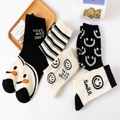 22nd Day Women's Black Smile Cotton Mid-Calf Socks with Letter College Style Fashion Socks