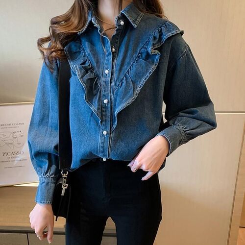 Spring and Autumn Large Size Women's Korean Style Denim Long-Sleeve Shirt, Youthful and New Bottom Shirt Wardrobe Matching
