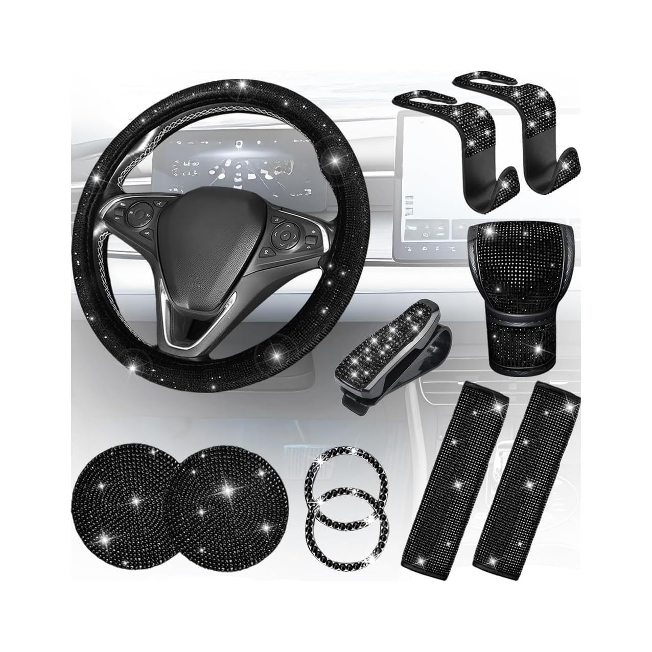 11-Piece Car Interior Set with Diamond-Encrusted Steering Wheel Cover, Car Hook, Glasses Holder, One-Touch Start Ring