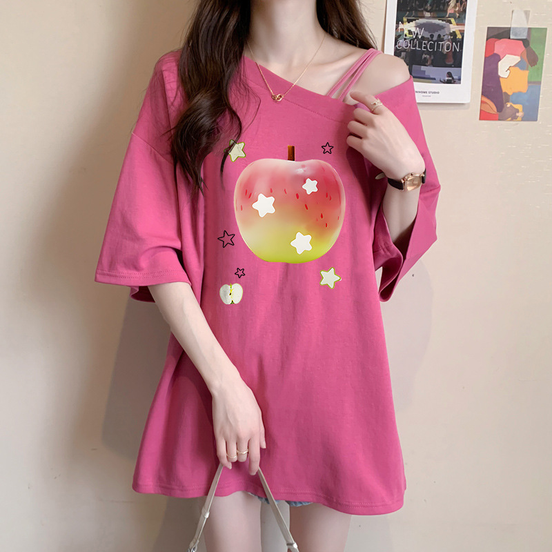 FA37018# 设计感显瘦斜领短袖T恤女纯棉夏季韩版宽松卡通趣味印花大码上衣 服裝批發女裝批發服飾貨源