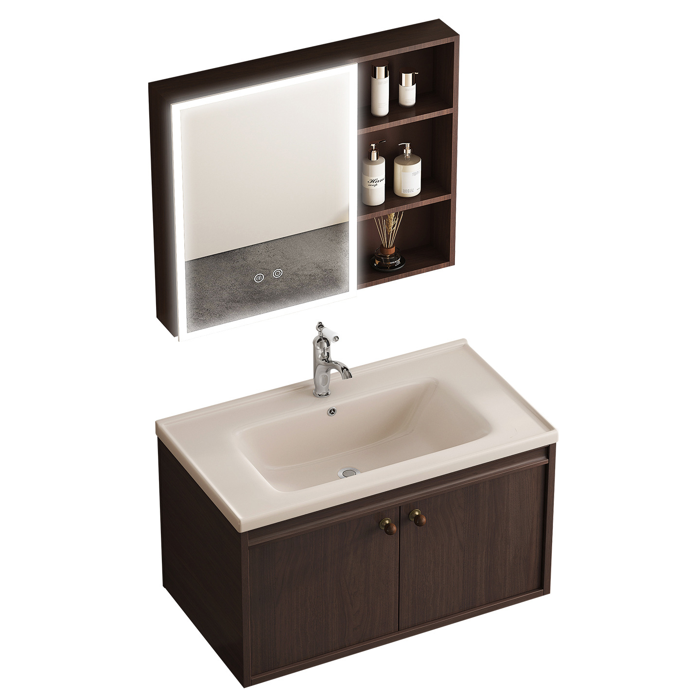 A prueba de humedad panal de abeja gabinete de baño color nuez estilo medieval lavabo de cerámica caqui en una bañera lavabo lavabo