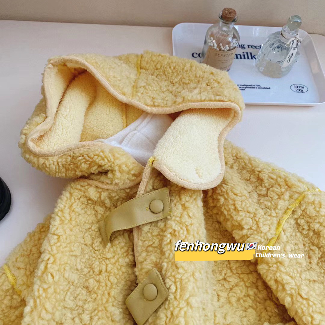 Chaqueta con Capucha para Niñas, Otoño-Invierno 2025, Nuevo Estilo, Ropa Infantil, Lana de Cordero, Gruesa y Moderna para Bebés