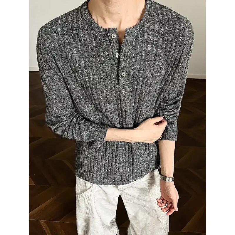 American Retro Henry Collar Long-Sleeved T-Shirt Men's Autum Cleanfit Stripesd Knitwear with Lazy Sweatshirt