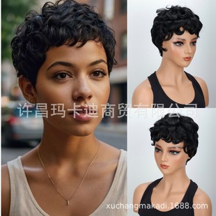 European and American Wig Export Black Short Hair Chemical Fiber Headgear Short Curly Hair Amazon Temu Hot Selling Black Short Hair in Stock