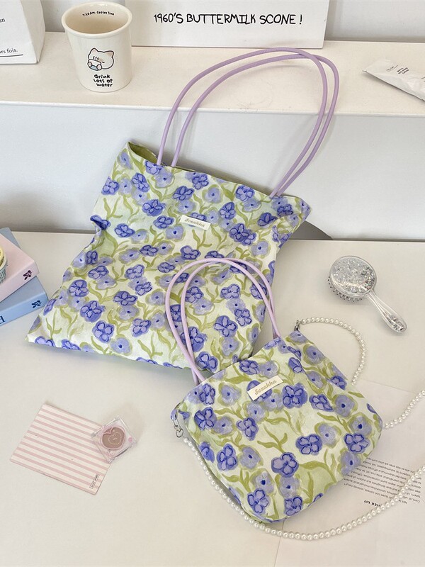 57251 Ins Style Fresh Literary Flower Bag Thin Floral Bag Pu Shoulder Strap Summer Shoulder Bag Canvas Bag