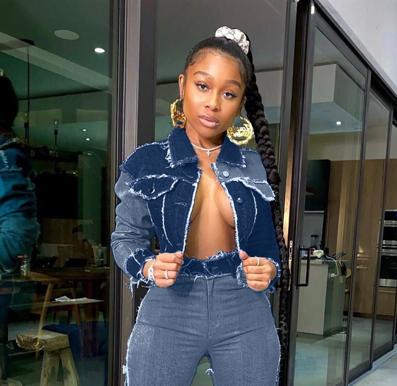 Trendy Women's Denim Jacket & Pants Set With Patchwork Design - Comfortable Polyester Blend For Casual & Office Wear_voghion.com