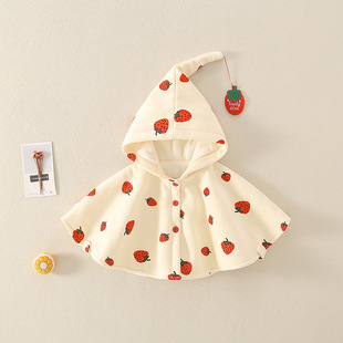 Baby Girl Velvet Cloak All-over Printed Strawberry Hooded Baby Princess Poncho Autumn and Winter New Baby Children's Wear