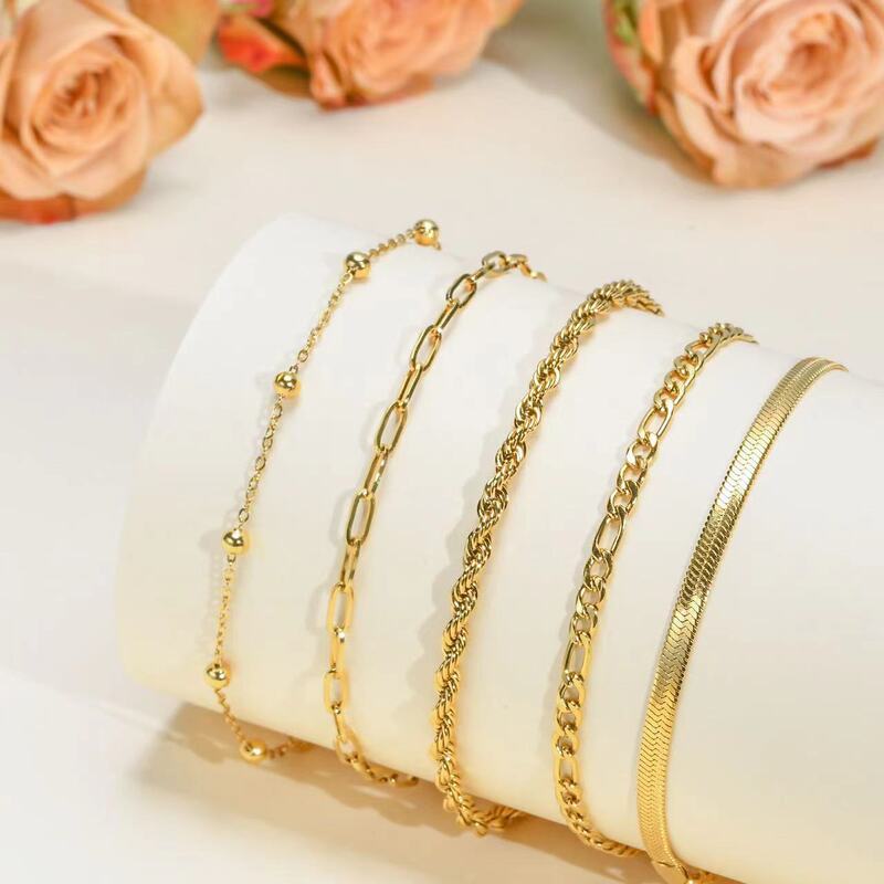 Stainless Steel 5-piece Simple Bracelet Color-free Double-layer Stacked suit Beach Chain Figaro Stainless Steel 5-piece Simple Bracelet Color-free Double-layer Stacked suit Beach Chain Figaro