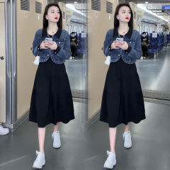时尚气质套装裙女春秋新款小个子显瘦牛仔短外套连衣裙减龄两件套