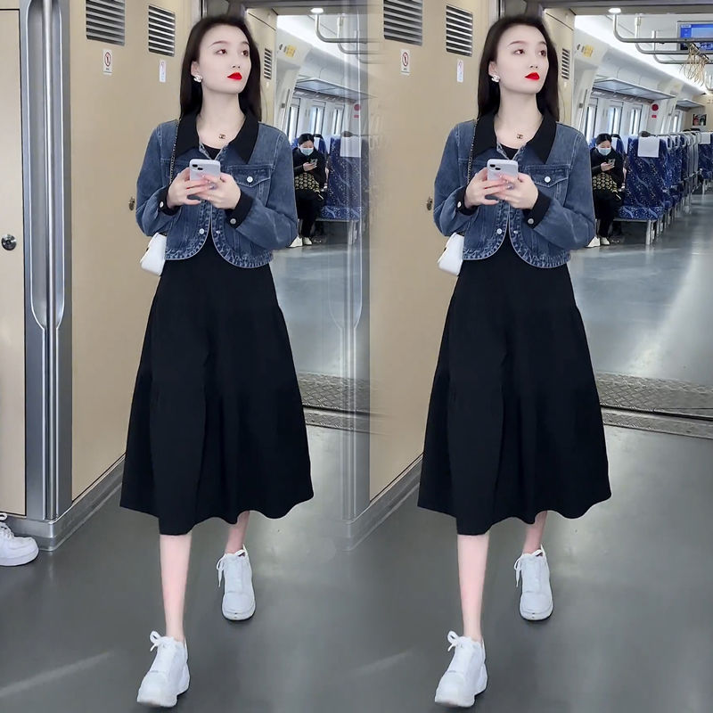 时尚气质套装裙女春秋新款小个子显瘦牛仔短外套连衣裙减龄两件套|undefined
