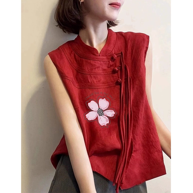 New Chinese Style National Style Super Nice Design Top Red Round Neck Button Sleeveless Printed Vest for Women 2025 Autum