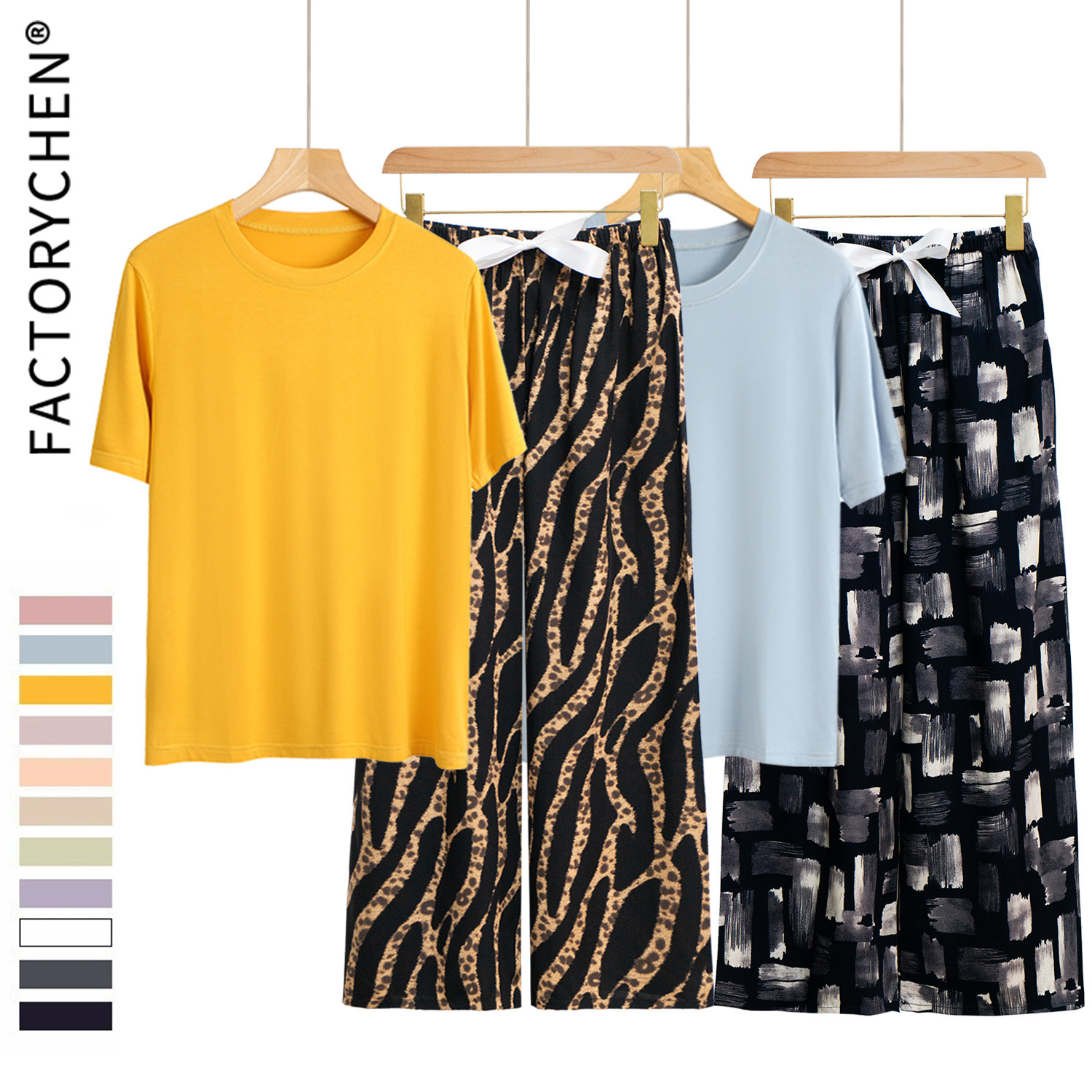 Foreign Trade Pajamas Set Women's Round Neck Modal Short-Sleeved Retro Ethnic Style Cotton Silk Wide-Leg Pants Home Wear Two-Piece Set