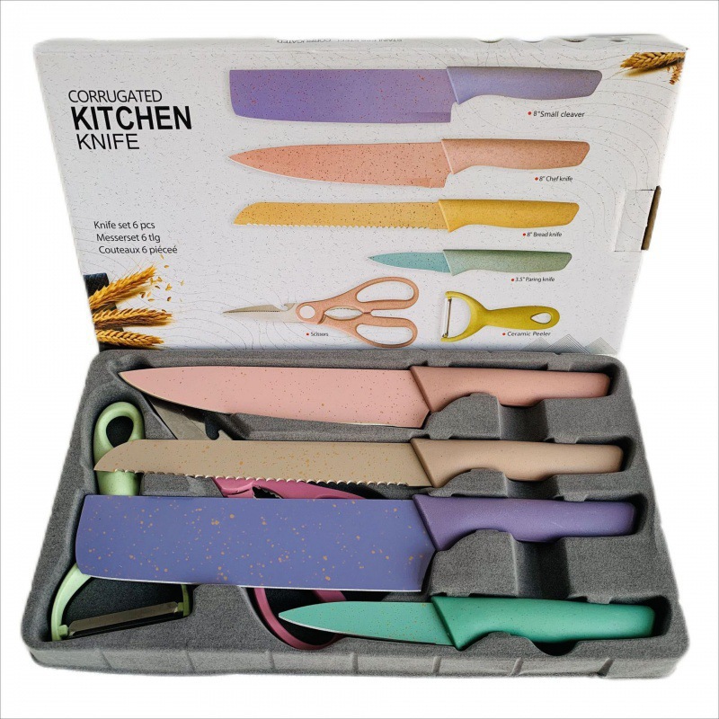 Comercio exterior transfronterizo exportación conjunto de cuchillos de cocina de paja de trigo de color seis piezas de cocina combinación de cuchillos de pintura de color