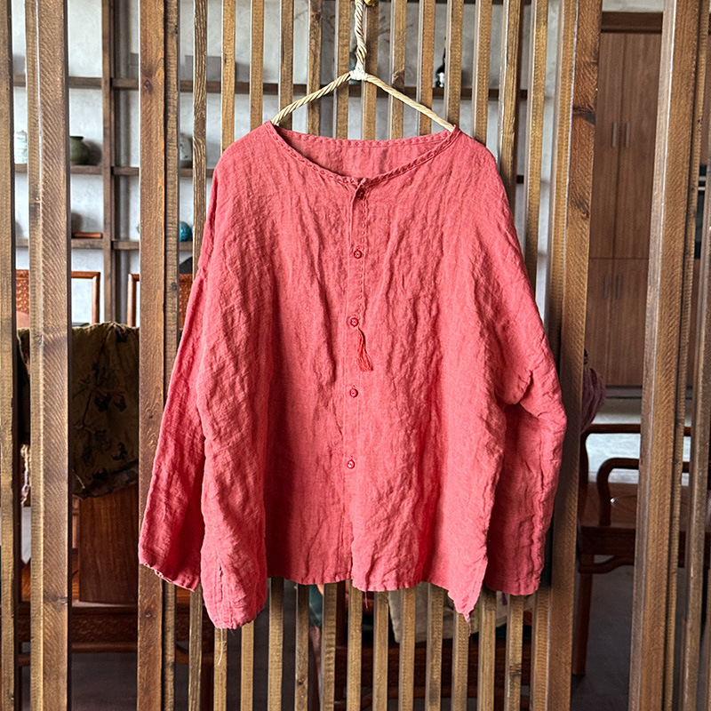 261大きいサイズの砂洗いのまばらな亜麻の手作りの刺繍のカーディガンは服を洗って高品質のカジュアルなシャツの婦人服を洗います。|undefined