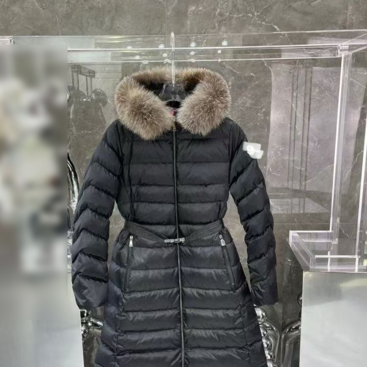 High Version Mengjia 8818 Women's Mid-Length Metal Buckle Waist Fur Collar Hooded down Jacket Women's down Jacket