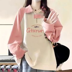 粉色插肩polo领卫衣女 春秋冬新款初高中大学生胖mm宽松拉链上衣