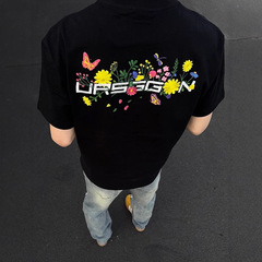 Cleanfit重ポンド背面花卉プリント半袖男性夏潮牌正肩小襟元tシャツアメリカ半袖