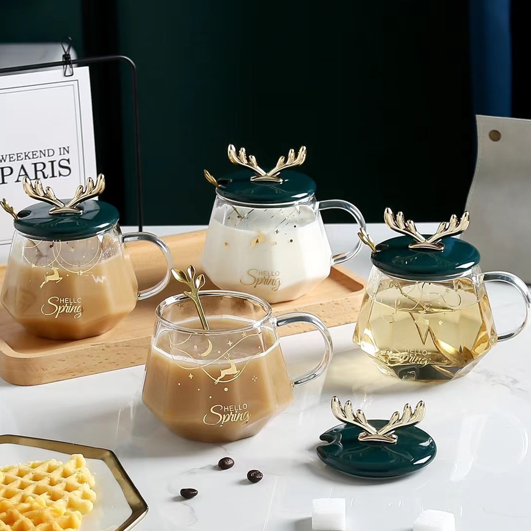 Estilo nórdico chapado en oro de vidrio transparente con tapa cuchara taza de diamante regalo de Navidad taza de beber Oficina