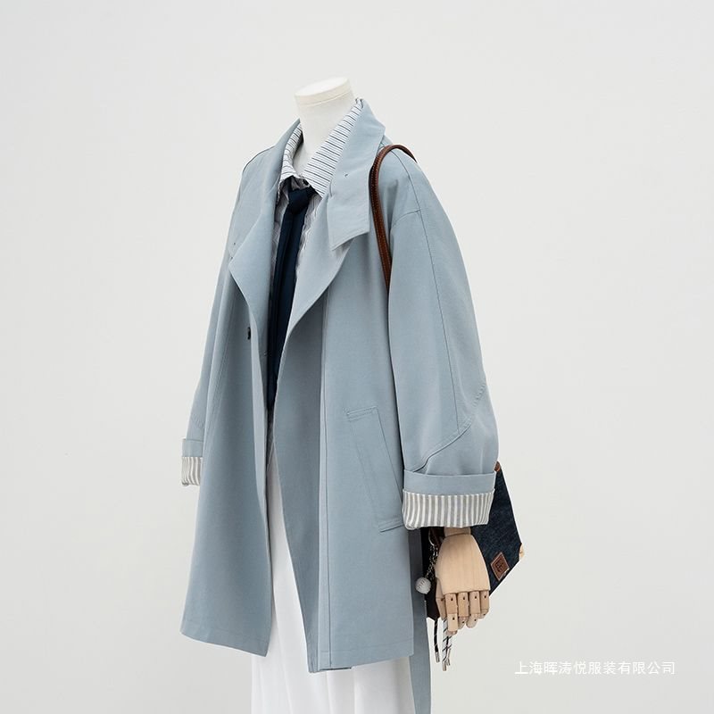 Blue Fashion Striped Sleeve Trench Coat for Women 2025 Spring New Design Stand Collar Loose Mid-Length Coat