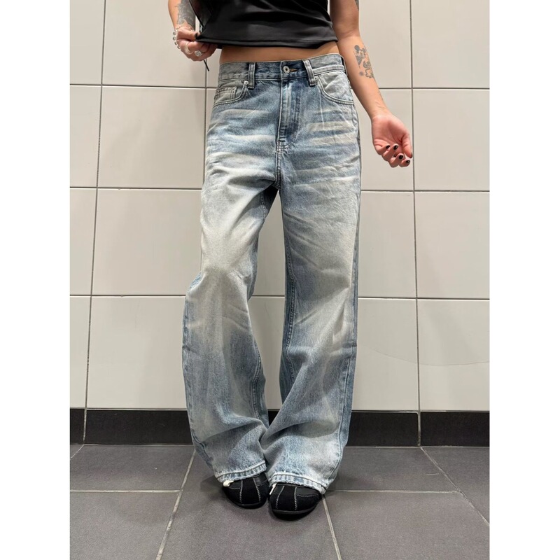 American Retro Style Distressed Gradient Straight-Leg Jeans with Whiskers, Unisex Loose Fit Versatile Casual Wide-Leg Pants