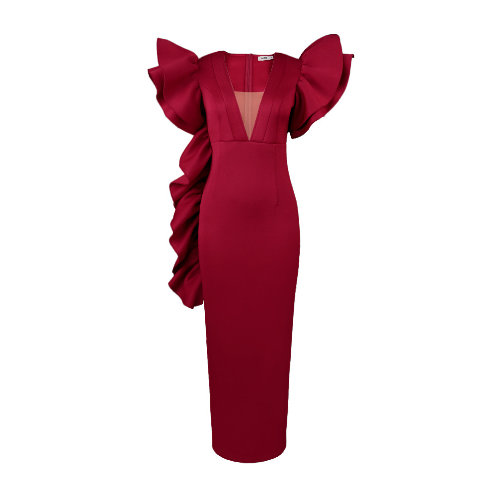 Women's Clothing deep V sexy low cut dress plus size ruffled banquet dress _voghion.com