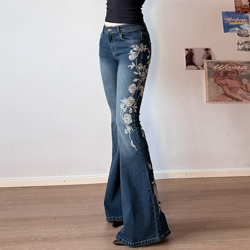 Rose Embroidery Retro Gradual Change Niche Slightly Spicy Jeans American Hot Girl Street Low Waist Thin Personality Trousers_ecoleips.com
