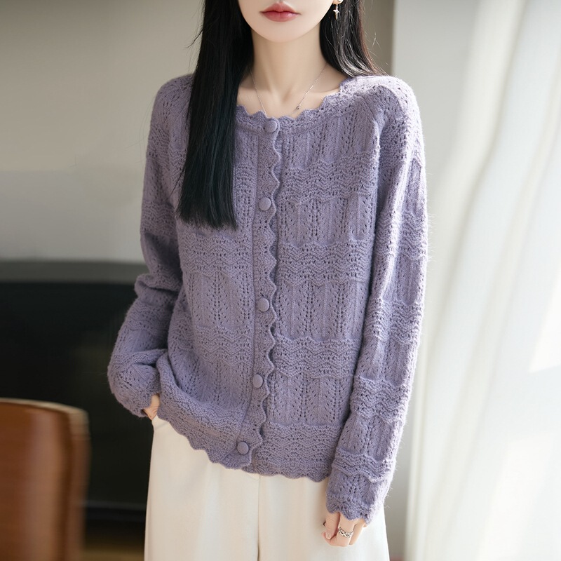2026 Spring and Summer New Style Cotton Lace Round Neck Knitted Cardigan Long-Sleeved Women's Cut Out Loose Pure Color Top Jacket