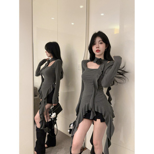 Irregular Ruffled Square-Neck Long-Sleeved Shirt for Women in Autumn and Winter, One-Shoulder Halter Top to Show Off Your Figure