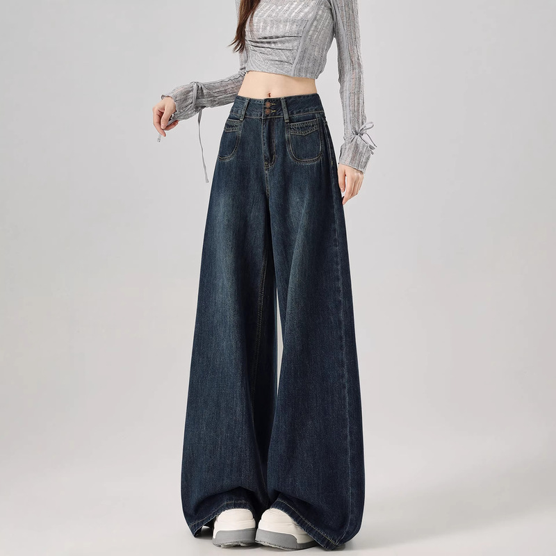 Women's Wide-Leg Jeans with Drape Effect, Straight Loose Fit, High-Waisted, Suitable for Summer and Spring, Flattering for Slightly Plump Figures