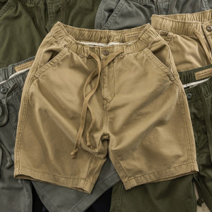 Summer Casual Sports Shorts Men's Elasticated Waist Pants Cotton Washed Tooling Shorts Straight Outer Wear Pants