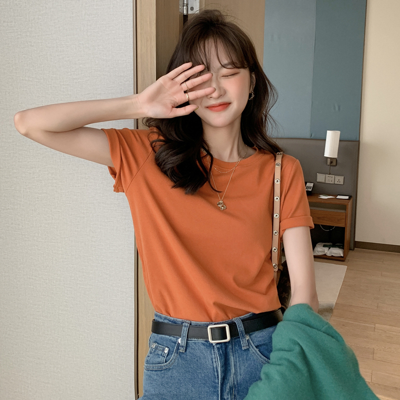 Short Solid Color Round Neck Short-Sleeved T-Shirt for Women 2026 Summer Korean Style Simple Loose Caramel Color Dirty Orange Top Short Solid Color Round Neck Short-Sleeved T-Shirt for Women 2026 Summer Korean Style Simple Loose Caramel Color Dirty Orange Top