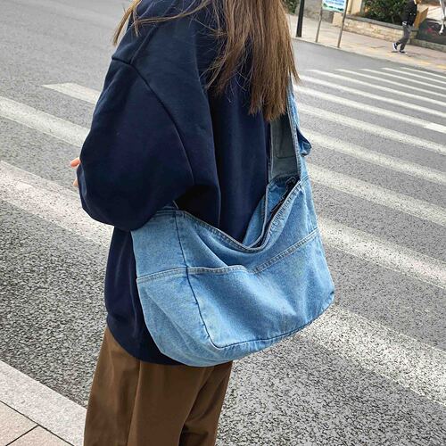 Lazy style denim canvas bag women's shoulder bag Korean style retro college casual shopping bag large capacity class backpack
