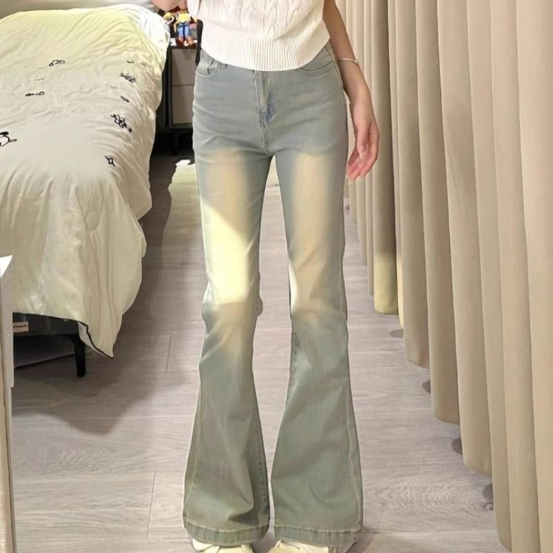 水洗美式做旧微喇叭牛仔裤女2025秋冬新款高腰显瘦弹力辣妹马蹄裤|undefined
