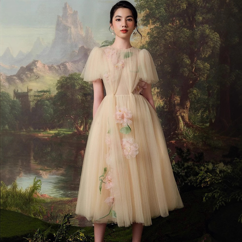 In-Stock Vietnamese Designer Heavy-Duty Mesh Hand-Sewn Floral Fairy Dress with Large Hem Organza Dress 30064 In-Stock Vietnamese Designer Heavy-Duty Mesh Hand-Sewn Floral Fairy Dress with Large Hem Organza Dress 30064