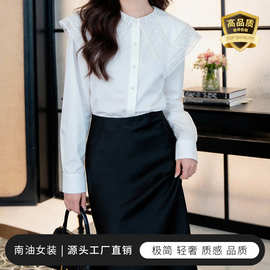 100%棉尖领蕾丝衬衫南油简约优雅前后对称V领雅致白衬衣工厂批发