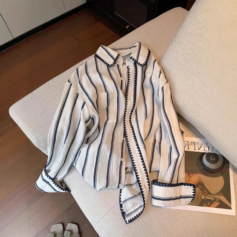 Nanyou High-End Women's Clothing! Retro Lazy Style Black and White Stripesd Long-Sleeved Shirt Women's Spring 2025 New Casual Top