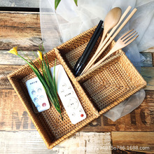 越南藤编三格收纳盒分隔分格化妆品整理收纳筐茶几桌面遥控器收纳