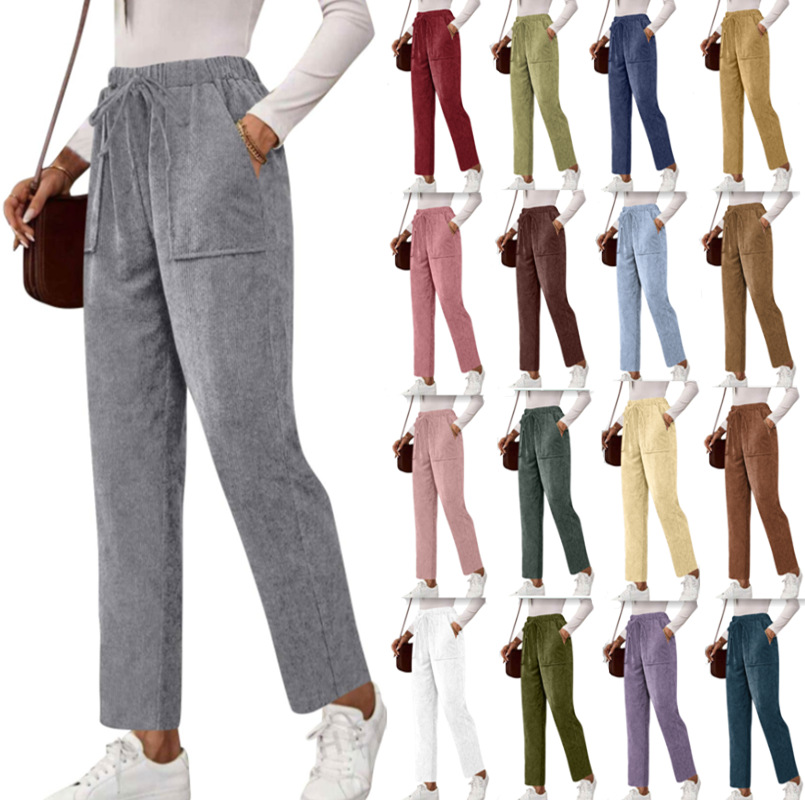 2026 Cross-Border Wish Amazon Independent Station Corduroy New Women's Solid Color Pocket Straight Casual Long Pants Women