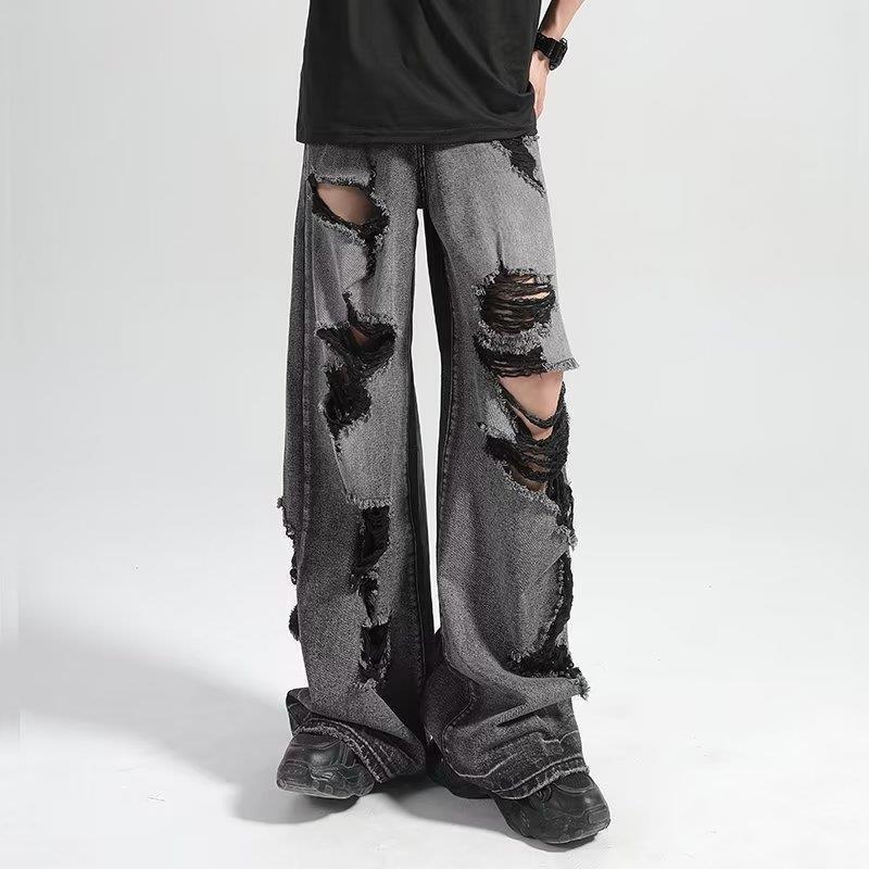 American Retro Scraped Ripped Ripped Old Washed Jeans Black Straight Casual Wide Leg Ripped Casual Trousers for Men